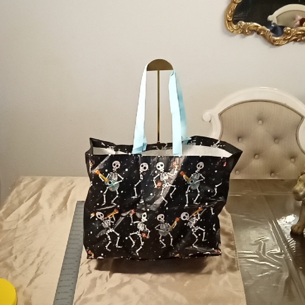 Skeleton Print Tote Bag with Blue Handles
